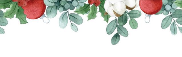 Watercolor seamless christmas border with eucalyptus leaves, holly and cotton flowers. Christmas toys, red balls vector