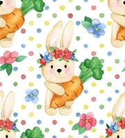 Watercolor seamless pattern. with cute little animals. hare, rabbit with flowers and colored polka dots on a white background vector