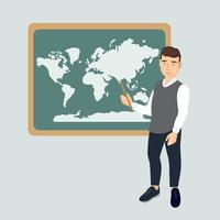 educación escolar, concepto de vector de aprendizaje. profesor de geografía de dibujos animados se encuentra cerca de una pizarra con un puntero. señala un mapa del mundo. tutor de enseñanza de carácter masculino. especialista en geopolítica.