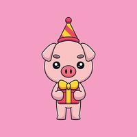 cute birthday pig cartoon mascot doodle art hand drawn concept vector kawaii icon illustration