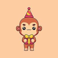 cute birthday monkey cartoon mascot doodle art hand drawn concept vector kawaii icon illustration