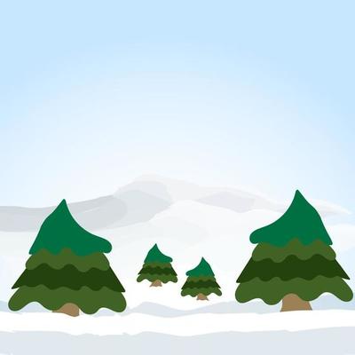 Winter drawing with Christmas tree, iceberg, snow background.