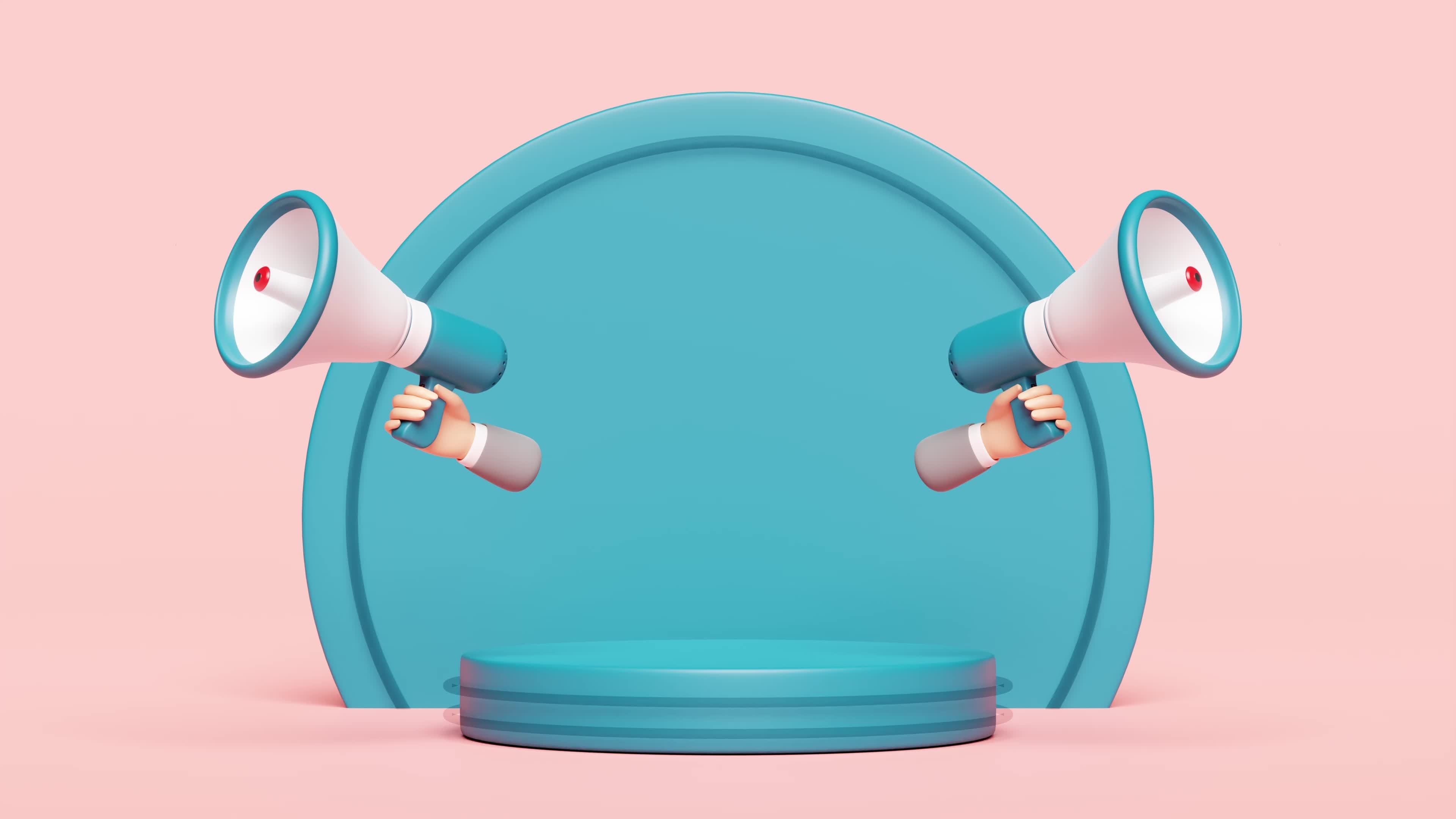 3d blue stage podium with megaphone, hand speaker isolated on pink  background. promotion online shopping sale concept, 3d animation 13108663  Stock Video at Vecteezy