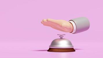 icono de campana de servicio 3d con las manos empujando aislado sobre fondo rosa. Animación 3D video