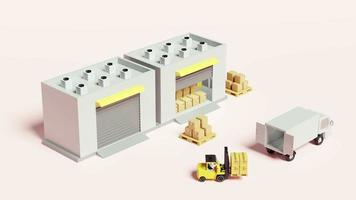 building warehouse with forklift for import export, goods cardboard box, pallet, truck isolated on pink background. logistic service concept, 3d animation video