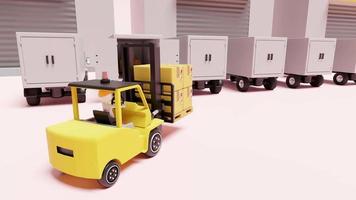 almacén de construcción con carretilla elevadora para importación y exportación, caja de cartón de mercancías, palet, camión aislado sobre fondo rosa. concepto de servicio logístico, animación 3d