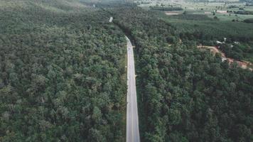 Arial view of a highway through a forest at sunset photo