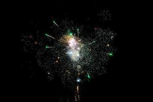 Bright and colorful firework explisions at a dark black night sky photo