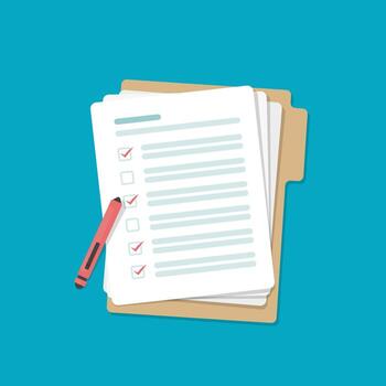 Survey or exam form paper sheets pile. Exam form. Checklists with answered vector