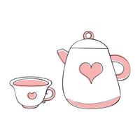 Doodle tea ceremony. Hand drawn teapot and cup with heart. Tea drinking. Tea time illustration with teapot with heart and mug of tea. Black outlines isolated on a white background with pink color. vector