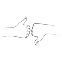 Thumb up and thumb down simple line drawing isolated Vector illustration.Two hands with thumbs up and down liner Minimalistic art.Like and unlike business sketch symbols.