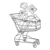 Shopping cart full of gift boxes with bats flying in the air. Line art drawing, black and white vector illustration isolated on white background. Concept of discount. Buying gifts.