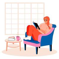 Woman reading a book. Resting in armchair at leisure time. Enjoying literature at cozy home interior. Coffee table. Vector illustration