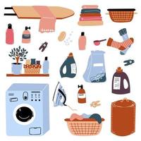 Set with laundry accessories for washing and ironing, baskets with linen. Washing machine. Housework. Vector objects.