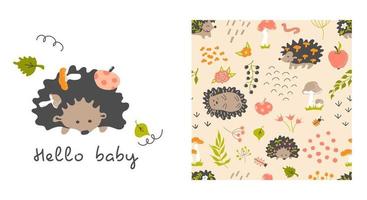 Hedgehogs pattern. Card Hello baby. Seamless pattern. Baby print vector