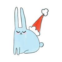 Cute watercolor hand drawn Christmas blue bunny wearing a party hat. Rabbit with New Year's decors. vector