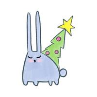 Vector Cute watercolor hand drawn christmas blue rabbit with fir tree. Rabbit with New Year's decors.