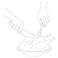 The person cuts a festive turkey. Sketch. A kitchen knife in one hand, a chopping fork in the other. vector