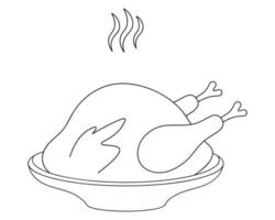 Roasted turkey. Juicy meat on a plate. Fragrant smoke. Vector illustration. Outline on an isolated white background. Doodle style. Coloring book. Sketch. Thanksgiving day symbol. Appetizing chicken.