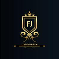 FJ Letter Initial with Royal Template.elegant with crown logo vector, Creative Lettering Logo Vector Illustration.