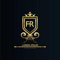 FR Letter Initial with Royal Template.elegant with crown logo vector, Creative Lettering Logo Vector Illustration.