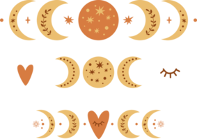 dreifaches Mondphasensymbol. Boho-Mond-Logo. Gelbe Mondphase isoliertes Symbol, Alchemie-Grafikelement. böhmische volkstümliche botanische kunstvolle illustration. png