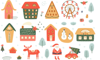 Christmas houses set. Set of isolated decorated buildings for New year and Christmas. Winter houses, Santa, deer, snowman, car. Winter holidays isolated graphic elements. Cute PNG illustration.