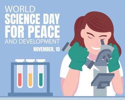 el gráfico vectorial ilustrativo de una mujer está usando un microscopio, mostrando tres tubos de muestra, perfectos para el día internacional, el día mundial de la ciencia, la paz y el desarrollo, la celebración, la tarjeta de felicitación, etc. vector