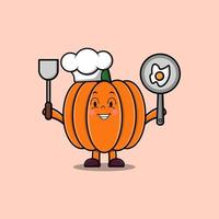 Cute cartoon Pumpkin chef holding pan and spatula vector