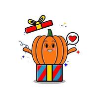 personaje de calabaza de dibujos animados lindo con caja de regalo vector