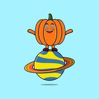 lindo personaje de calabaza de dibujos animados de pie en el planeta vector