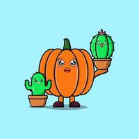 calabaza de dibujos animados lindo con planta de calabaza en maceta vector