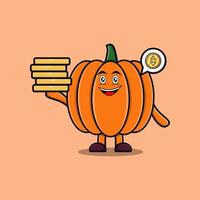 Cute cartoon Pumpkin holding in stacked gold coin vector