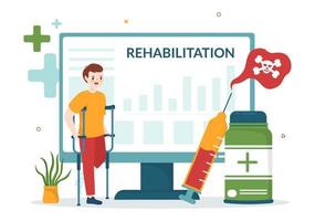ilustración de plantillas dibujadas a mano de dibujos animados planos de rehabilitación con un médico que ayuda al paciente a fisioterapia ortopédica, actividad física y atención médica vector