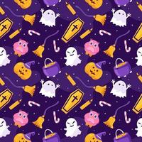 Halloween Seamless Pattern Design With Witch, Haunted House, Pumpkins or Bats in Template Hand Drawn Cartoon Flat Illustration vector