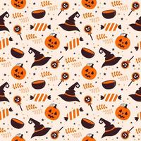 Halloween Seamless Pattern Design With Witch, Haunted House, Pumpkins or Bats in Template Hand Drawn Cartoon Flat Illustration vector