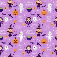 Halloween Seamless Pattern Design With Witch, Haunted House, Pumpkins or Bats in Template Hand Drawn Cartoon Flat Illustration vector