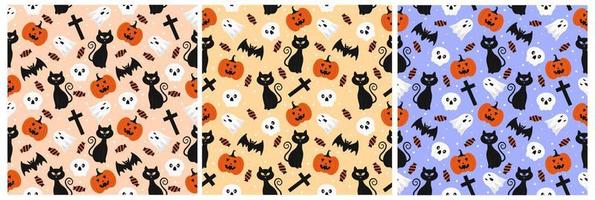 Set of Halloween Seamless Pattern Design With Witch, Haunted House, Pumpkins or Bats in Template Hand Drawn Cartoon Flat Illustration vector