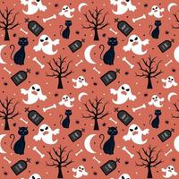 Halloween Seamless Pattern Design With Witch, Haunted House, Pumpkins or Bats in Template Hand Drawn Cartoon Flat Illustration vector