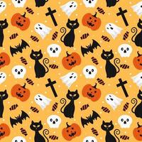 Halloween Seamless Pattern Design With Witch, Haunted House, Pumpkins or Bats in Template Hand Drawn Cartoon Flat Illustration vector