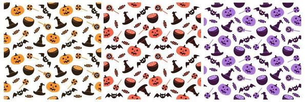 Set of Halloween Seamless Pattern Design With Witch, Haunted House, Pumpkins or Bats in Template Hand Drawn Cartoon Flat Illustration vector