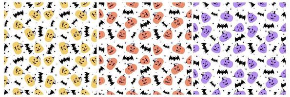 Set of Halloween Seamless Pattern Design With Witch, Haunted House, Pumpkins or Bats in Template Hand Drawn Cartoon Flat Illustration vector