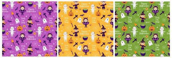 Set of Halloween Seamless Pattern Design With Witch, Haunted House, Pumpkins or Bats in Template Hand Drawn Cartoon Flat Illustration vector