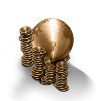 Ilustração 3d globo terrestre de metal bronze com dinheiro de moedas ao redor fundo transparente da bolsa de valores png