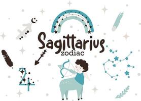 Sagittarius zodiac sign clipart cute kids horoscope, zodiac stars, constellation, rainbow, planet, arrow and comet isolated Vector illustration on white background.Cute vector astrological character