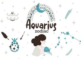 Aquarius zodiac sign clipart - cute kids horoscope, zodiac stars, constellation, rainbow, planet, arrow and comet isolated Vector illustration on white background. Cute vector astrological character.