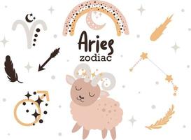 Aries zodiac sign clipart - cute kids horoscope, zodiac stars, constellation, rainbow, planet, arrow and comet isolated Vector illustration on white background. Cute vector astrological character