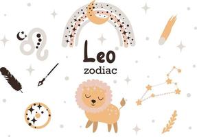 Leo zodiac sign clipart -cute kids horoscope, zodiac stars, constellation, rainbow, planet, leaves, arrow and comet isolated Vector illustration on white background.Cute vector astrological character