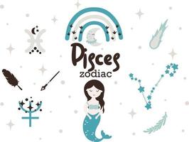 Pisces zodiac sign clipart - cute kids horoscope, zodiac stars, constellation, rainbow, planet, arrow and comet isolated Vector illustration on white background. Cute vector astrological character.