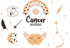 Cancer zodiac sign clipart - cute kids horoscope, zodiac stars, constellation, rainbow, planet, arrow and comet isolated Vector illustration on white background. Cute vector astrological character